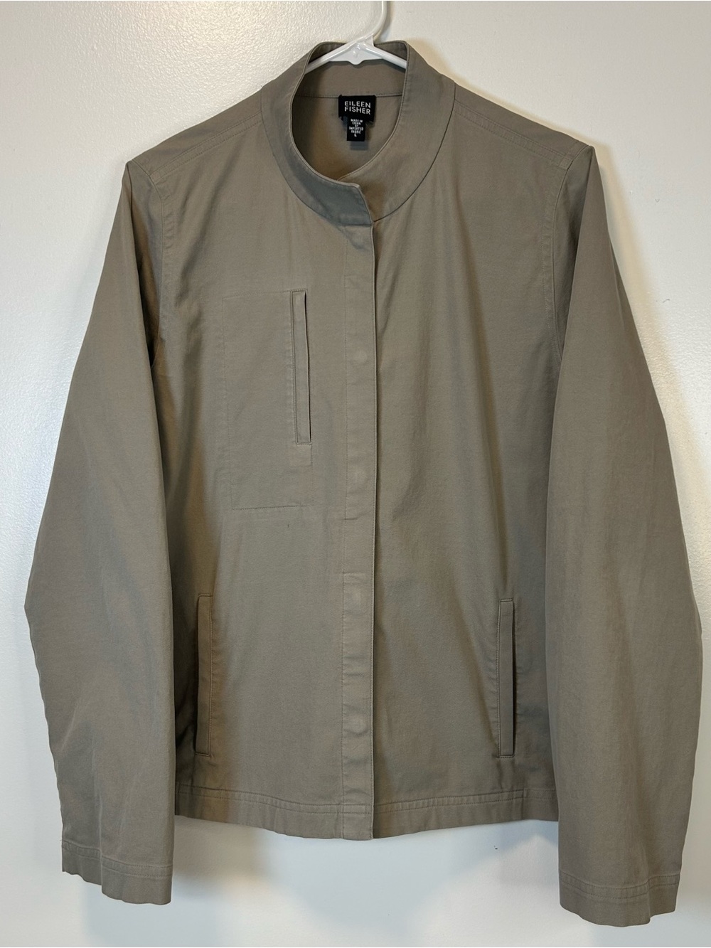 Eileen Fisher Khaki Canvas Shirt Jacket Button Up Mandarin Collar Women’s Large - Picture 1 of 7